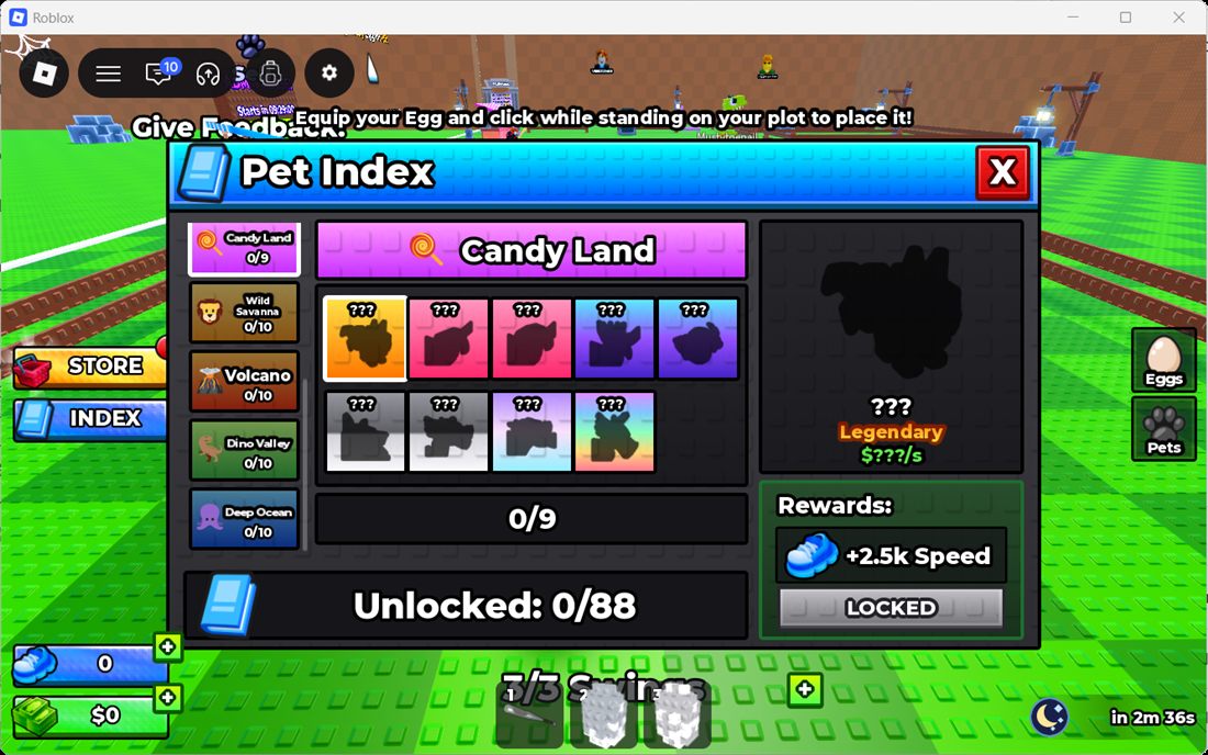 Swing For Eggs Pet Index showing Candy Land, Wild Savanna, Volcano, Dino Valley and Deep Ocean