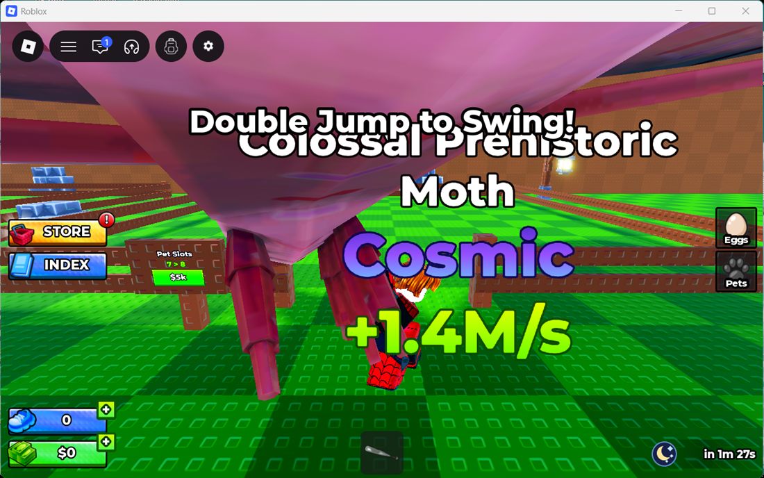 Colossal Prehistoric Moth result overlay showing Cosmic rarity and plus 1.4 million per second
